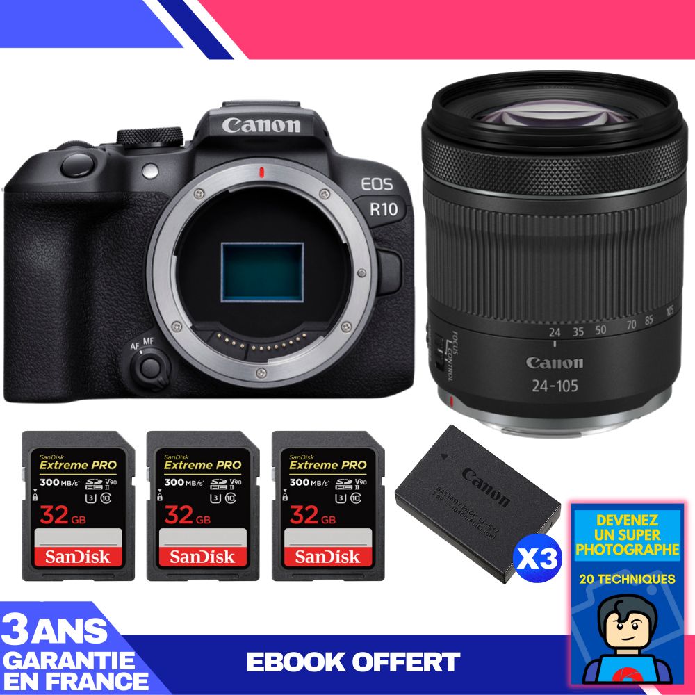 Canon EOS R10 + RF 24-105mm F4-7.1 IS STM Kit + 3 SanDisk 32GB Extreme PRO UHS-II SDXC Cards + 3 Canon LP-E17 + Ebook: Become a Super Photographer