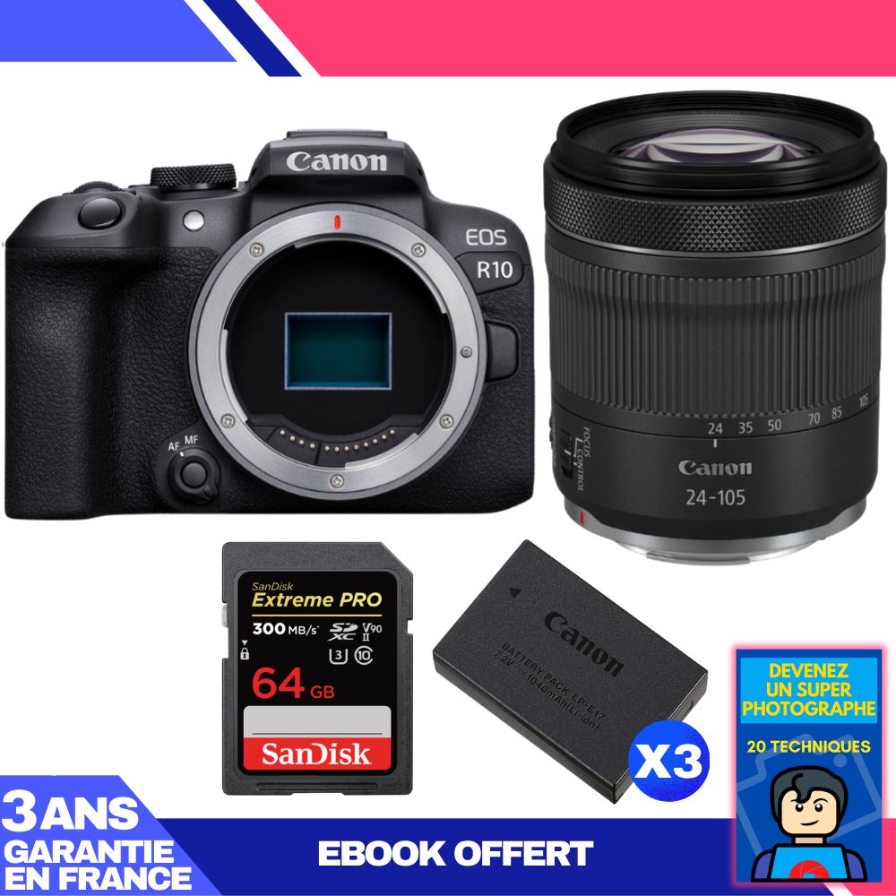 Canon EOS R10 + RF 24-105mm F4-7.1 IS STM + SanDisk 64GB Extreme PRO UHS-II SDXC Card + 3 Canon LP-E17 + Ebook 'Become a Super Photographer'