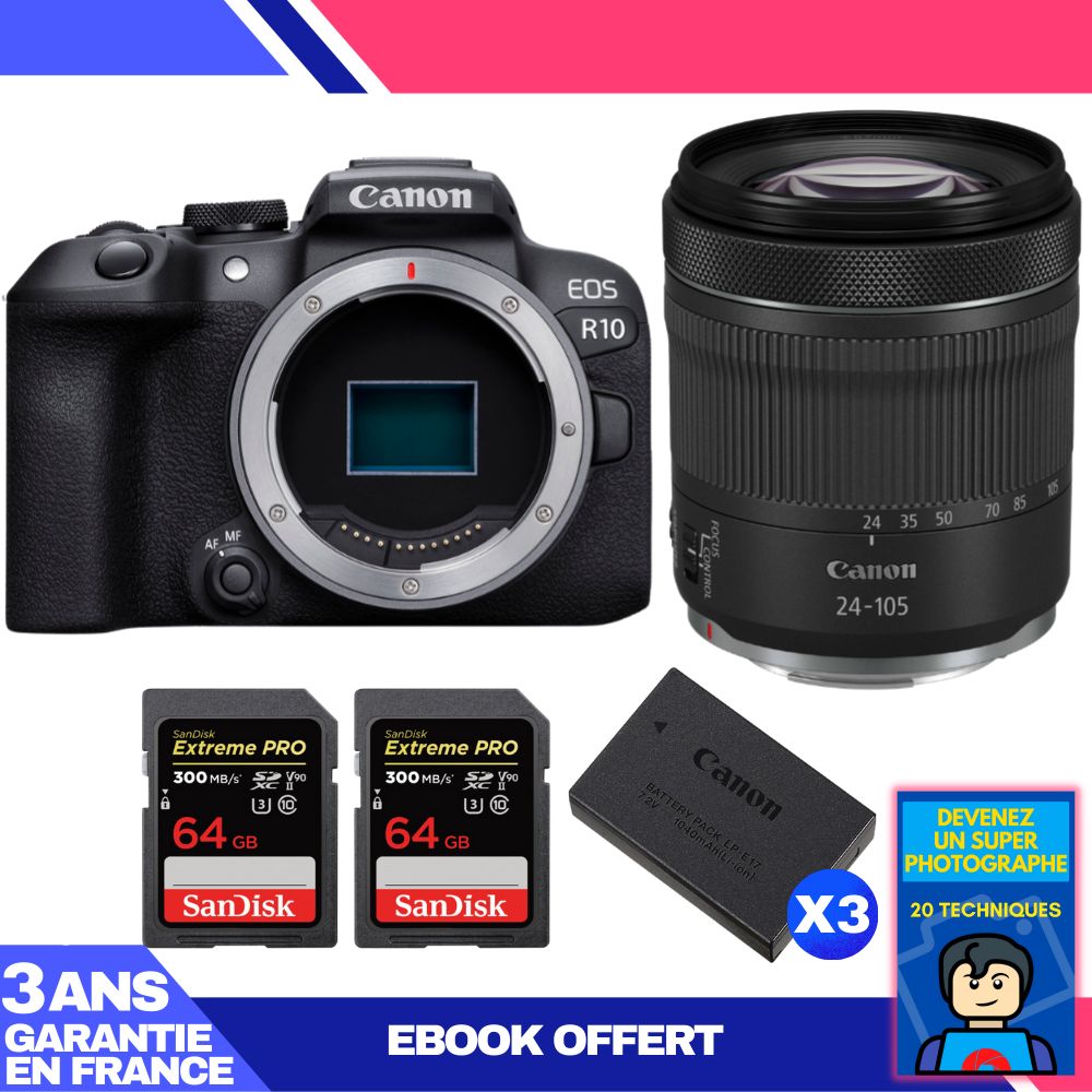 Canon EOS R10 + RF 24-105mm F4-7.1 IS STM Kit + 2 SanDisk 64GB Extreme PRO UHS-II SDXC Cards + 3 Canon LP-E17 Batteries + Ebook: Become a Super Photographer