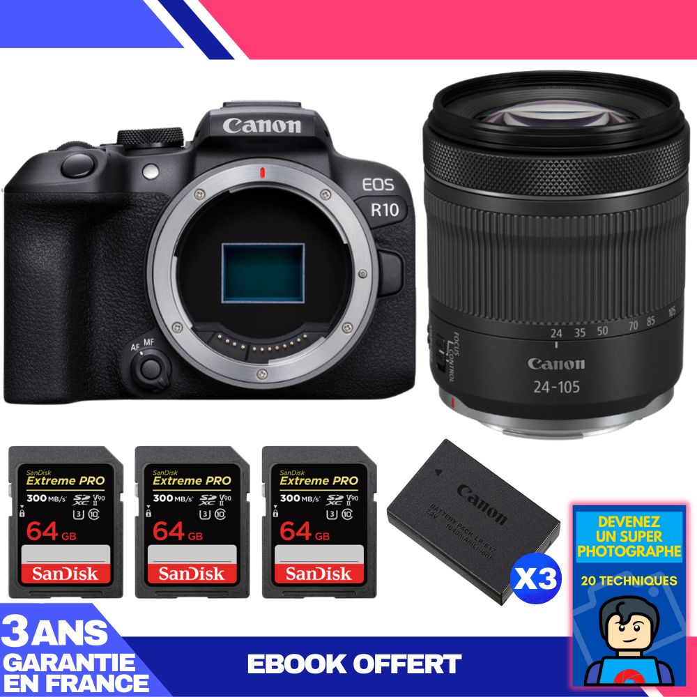 Canon EOS R10 + RF 24-105mm F4-7.1 IS STM Kit with 3 SanDisk 64GB Extreme PRO UHS-II SDXC Cards + 3 Canon LP-E17 Batteries + Ebook 'Become a Super Photographer'