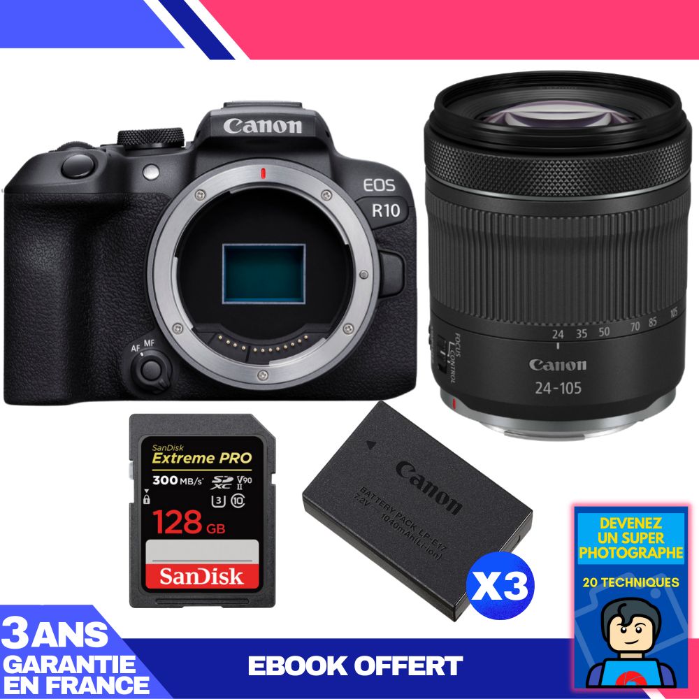 Canon EOS R10 Camera Kit with RF 24-105mm F4-7.1 IS STM Lens + SanDisk 128GB Extreme PRO SD Card + 3 Canon LP-E17 Batteries + Ebook: Become a Super Photographer