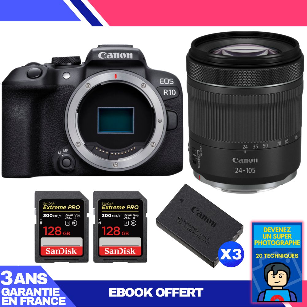 Canon EOS R10 + RF 24-105mm F4-7.1 IS STM Kit + 2x 128GB SanDisk Extreme PRO SDXC Cards + 3x Canon LP-E17 Batteries + Ebook: Become a Super Photographer