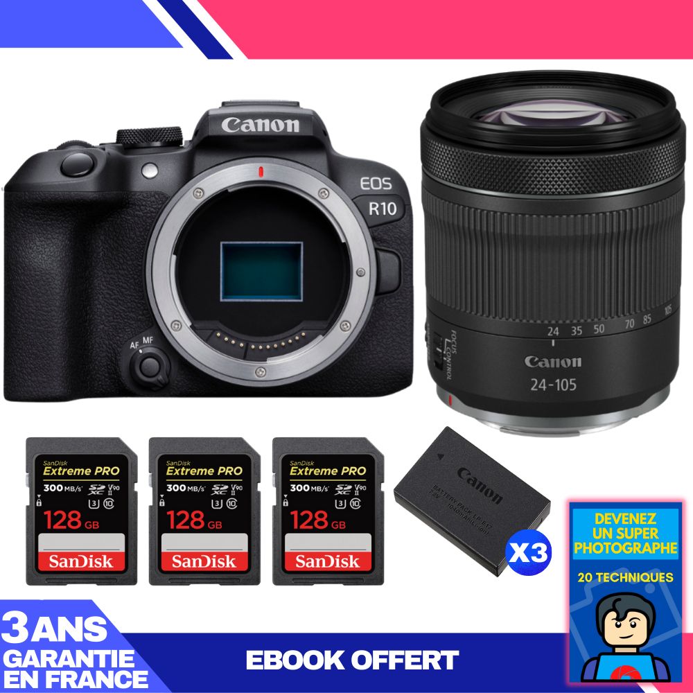 Canon EOS R10 + RF 24-105mm F4-7.1 IS STM Kit with 3x 128GB SanDisk Extreme PRO UHS-II SDXC Cards + 3x Canon LP-E17 + Ebook