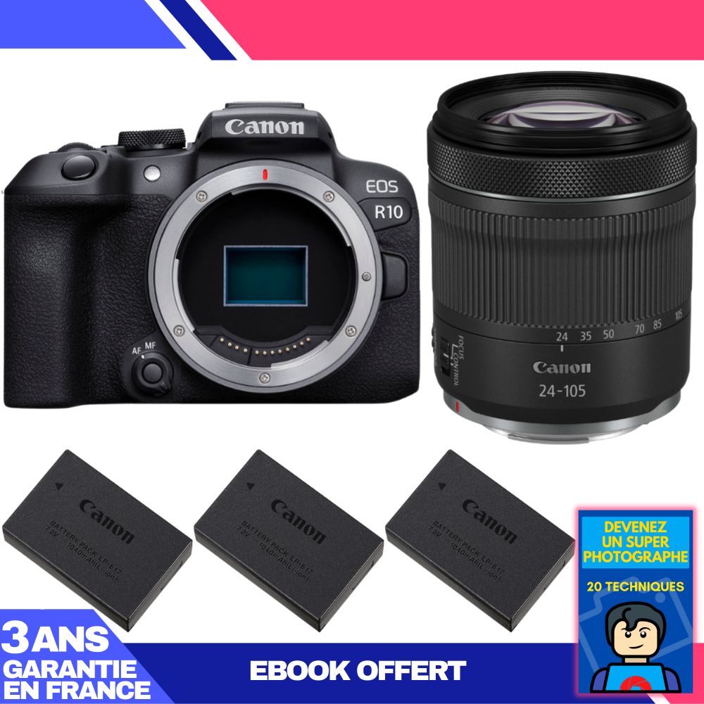 Canon EOS R10 + RF 24-105mm F4-7.1 IS STM Kit with 3 Canon LP-E17 Batteries and Ebook