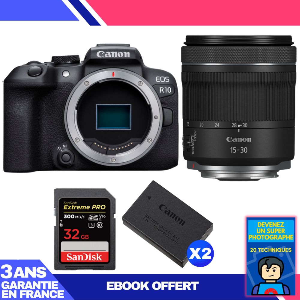 Canon EOS R10 + RF 15-30mm F4.5-6.3 IS STM + 1x SanDisk 32GB Extreme PRO UHS-II SDXC Card + 2x Canon LP-E17 Battery + Ebook 'Devenez Un Super Photographe',
