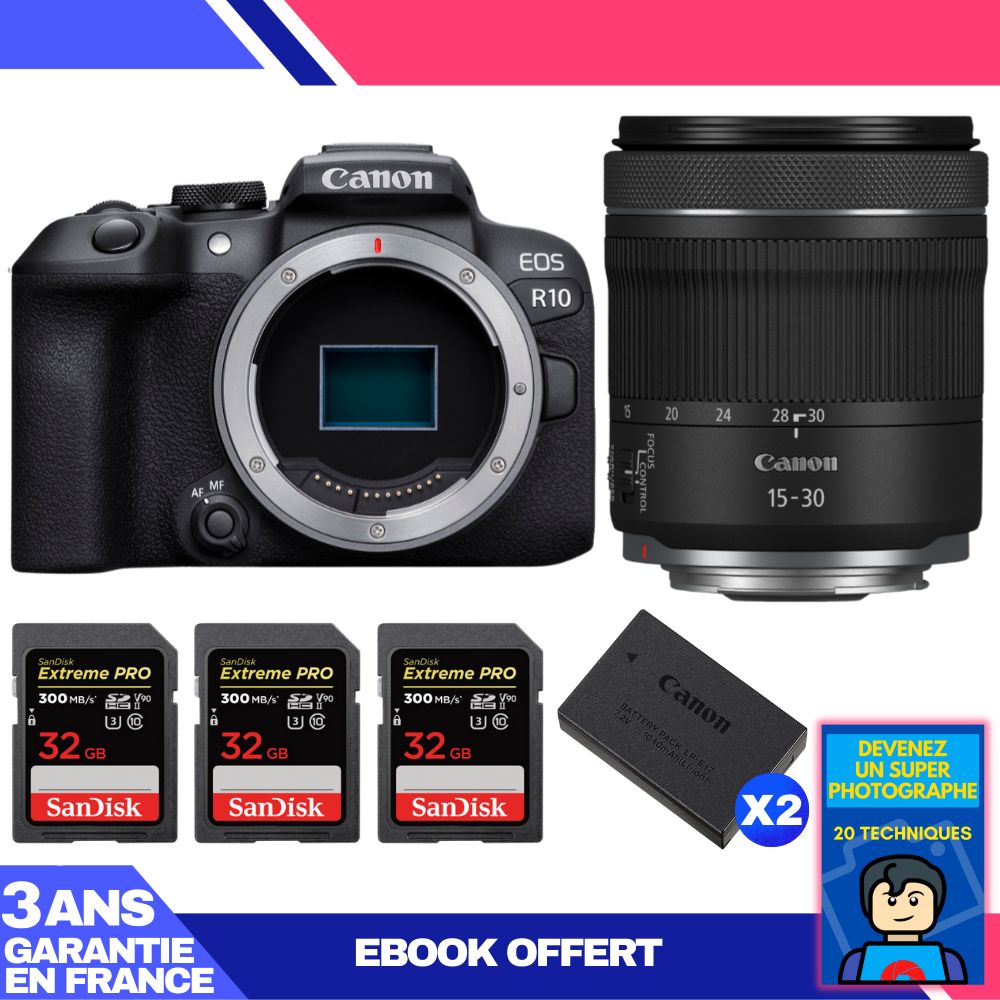 Canon EOS R10 + RF 15-30mm F4.5-6.3 IS STM + 3x 32GB SanDisk Extreme PRO UHS-II SDXC Cards + 2x Canon LP-E17 + Ebook: Become a Super Photographer