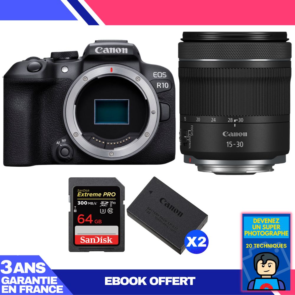 Canon EOS R10 Camera Kit with RF 15-30mm F4.5-6.3 IS STM Lens + 1 SanDisk 64GB Extreme PRO UHS-II SDXC Card + 2 Canon LP-E17 Batteries