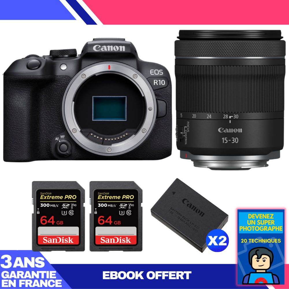 Canon EOS R10 Camera Kit with RF 15-30mm F4.5-6.3 IS STM Lens + 2 SanDisk 64GB Extreme PRO UHS-II SDXC Cards + 2 Canon LP-E17 Batteries + Ebook: Become a Super Photographer