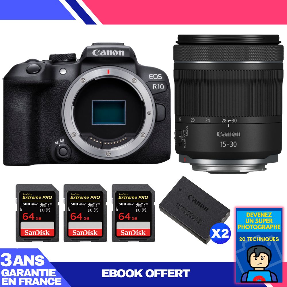 Canon EOS R10 Camera Kit with RF 15-30mm F4.5-6.3 IS STM Lens + 3 SanDisk 64GB Extreme PRO UHS-II SDXC Cards + 2 Canon LP-E17 Batteries + Ebook