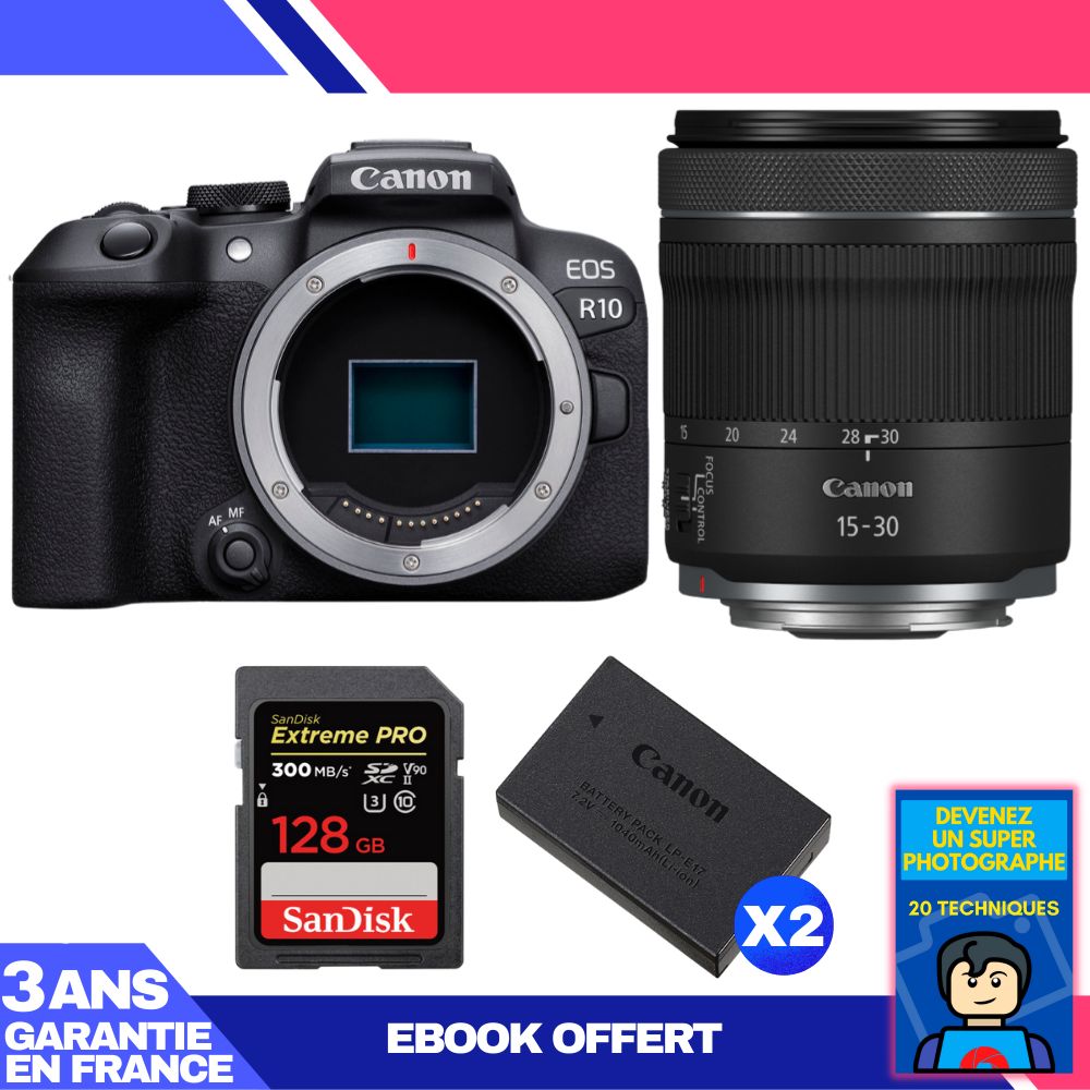 Canon EOS R10 Camera Kit with RF 15-30mm F4.5-6.3 IS STM Lens + 1 SanDisk 128GB Extreme PRO UHS-II SDXC Card + 2 Canon LP-E17 Batteries + Ebook 'Become a Super Photographer'