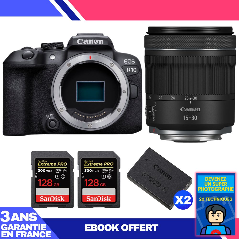 Canon EOS R10 + RF 15-30mm F4.5-6.3 IS STM Kit with 2x 128GB SanDisk Extreme PRO UHS-II SDXC Cards + 2 Canon LP-E17 Batteries + Ebook: Become a Super Photographer
