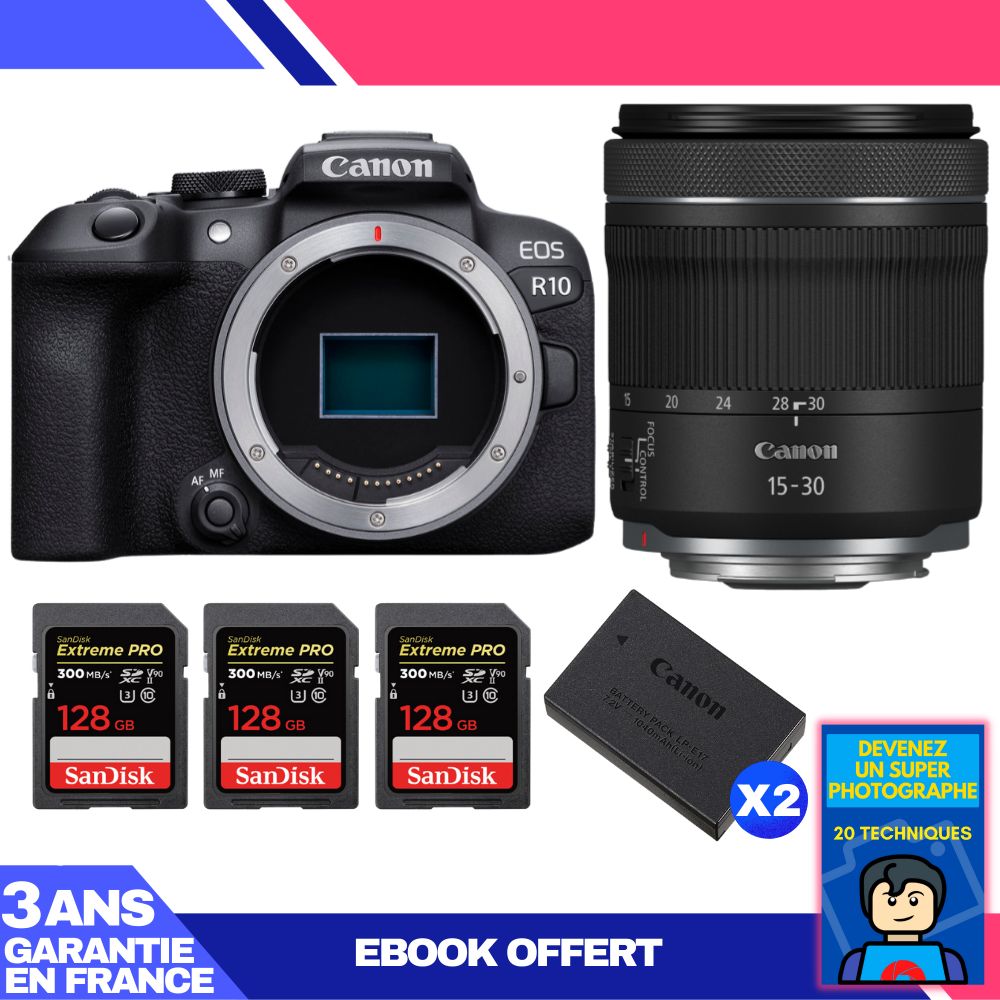 Canon EOS R10 Camera Kit with RF 15-30mm F4.5-6.3 IS STM Lens + 3 SanDisk 128GB Extreme PRO UHS-II SDXC Cards + 2 Canon LP-E17 Batteries + 'Become a Super Photographer' Ebook