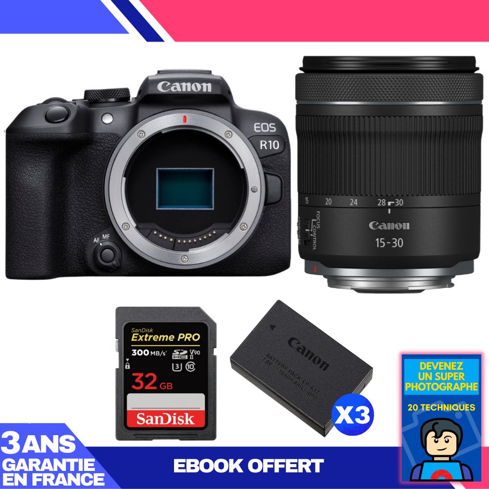 Canon EOS R10 + RF 15-30mm F4.5-6.3 IS STM Kit with SanDisk 32GB Extreme PRO SDXC Card and Canon LP-E17 Batteries