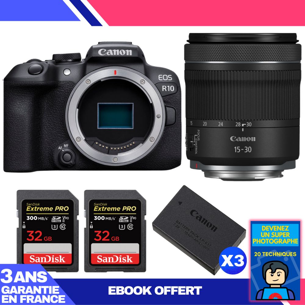 Canon EOS R10 Mirrorless Camera Kit with RF 15-30mm F4.5-6.3 IS STM Lens + 2 SanDisk 32GB Extreme PRO UHS-II SDXC Cards + 3 Canon LP-E17 Batteries + 'Become a Super Photographer' Ebook