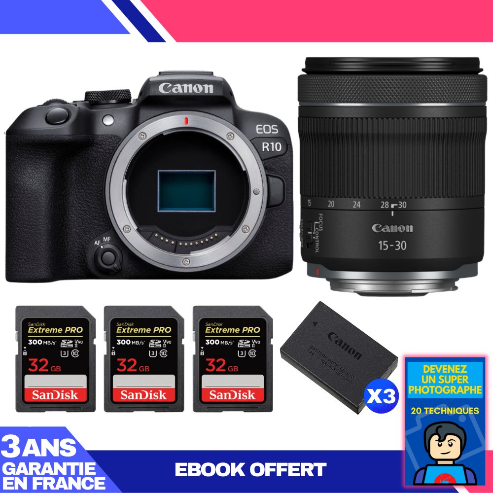 Canon EOS R10 Camera Kit with RF 15-30mm F4.5-6.3 IS STM Lens + 3x 32GB SanDisk Extreme PRO UHS-II SDXC Cards + 3x Canon LP-E17 Batteries + Ebook 'Become a Super Photographer'