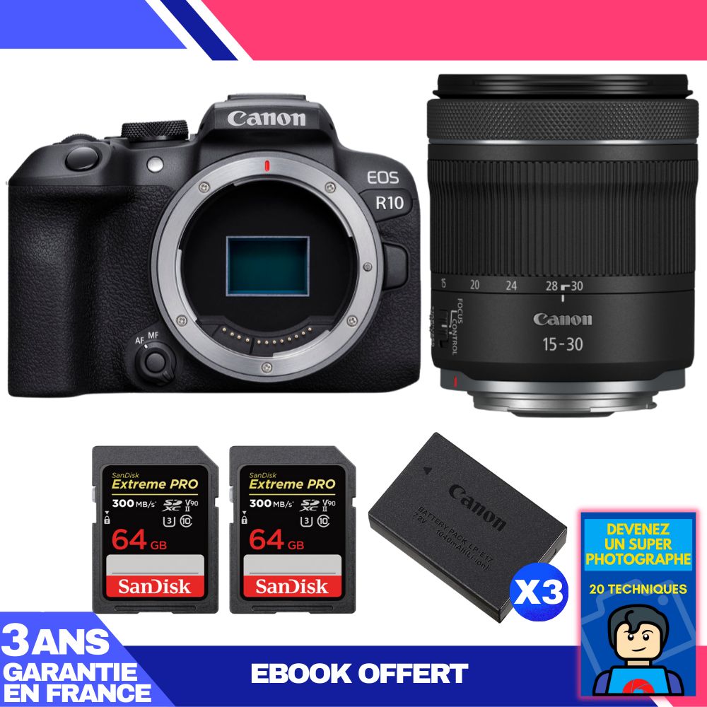 Canon EOS R10 + RF 15-30mm F4.5-6.3 IS STM Kit with 2x 64GB SanDisk Extreme PRO UHS-II SDXC Cards + 3 Canon LP-E17 Batteries + Ebook