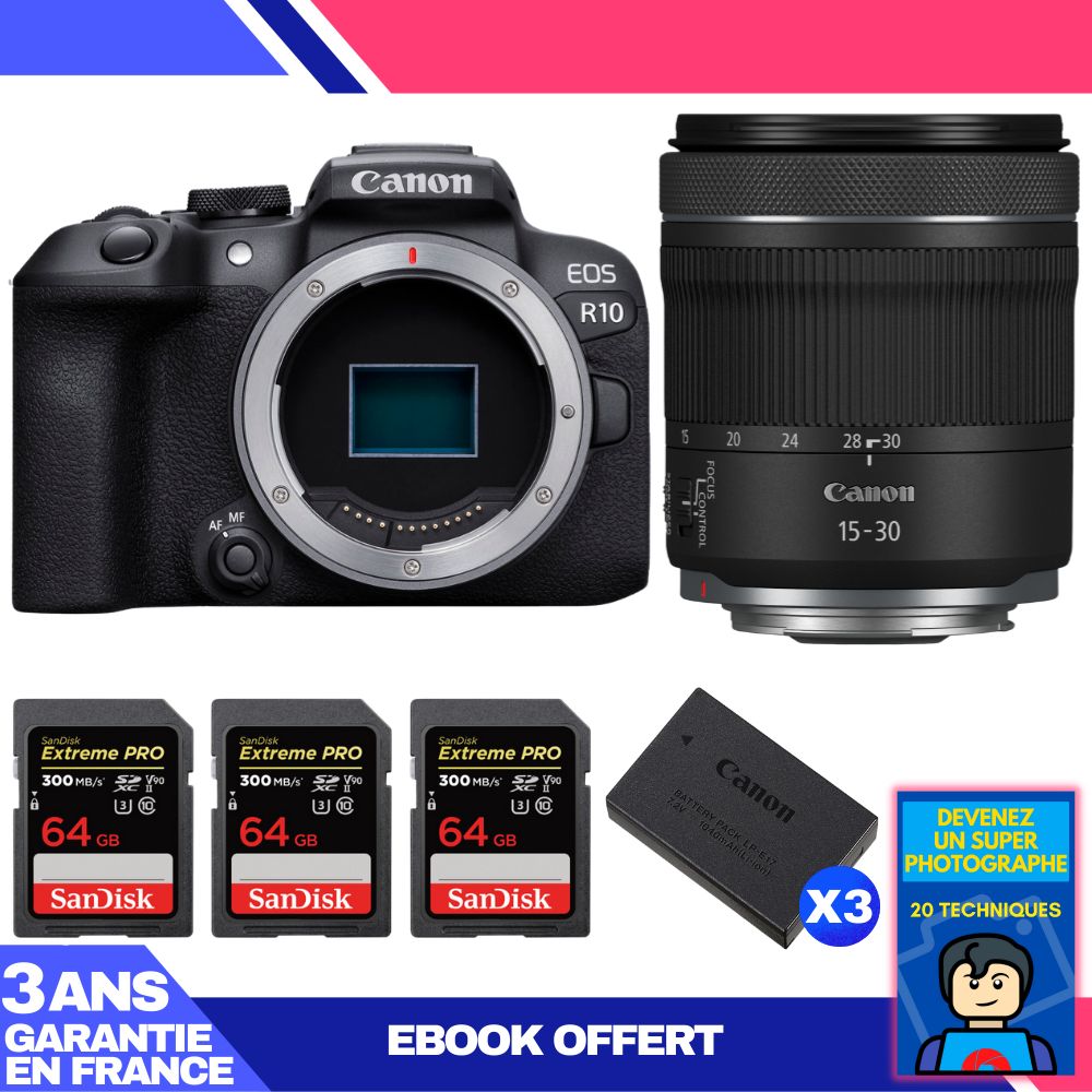 Canon EOS R10 Camera Kit with RF 15-30mm F4.5-6.3 IS STM Lens + 3 SanDisk 64GB Extreme PRO UHS-II SDXC Cards