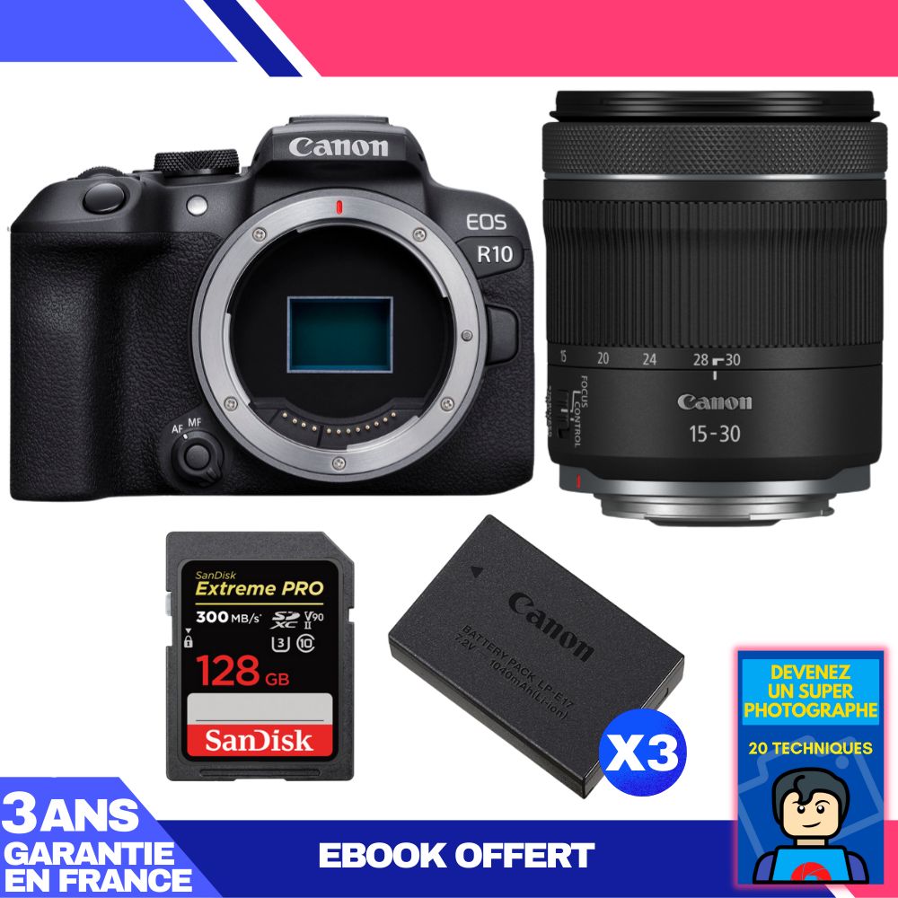 Canon EOS R10 Body + RF 15-30mm F4.5-6.3 IS STM Lens + 1 SanDisk 128GB Extreme PRO UHS-II SDXC Card + 3 Canon LP-E17 Batteries + Ebook 'Become a Super Photographer'