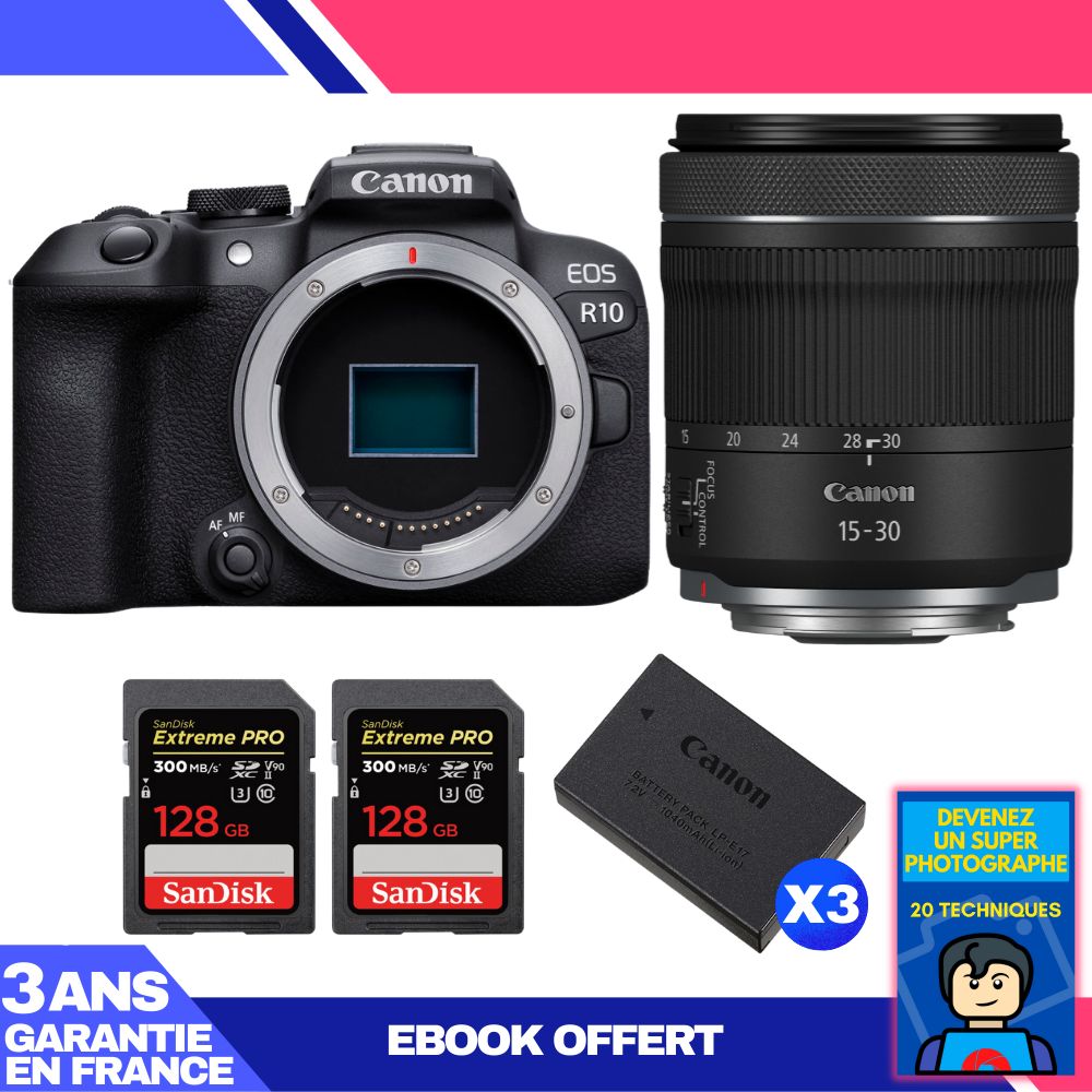 Canon EOS R10 Camera Kit with RF 15-30mm Lens and SanDisk Memory Cards (2x 128GB)