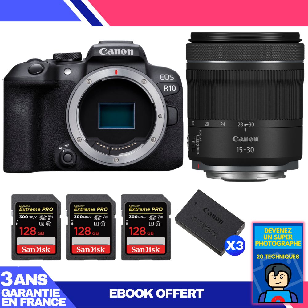 Canon EOS R10 Camera Kit with RF 15-30mm F4.5-6.3 IS STM Lens + 3 SanDisk 128GB Extreme PRO UHS-II SDXC Memory Cards + 3 Canon LP-E17 Batteries + 'Become a Super Photographer' Ebook