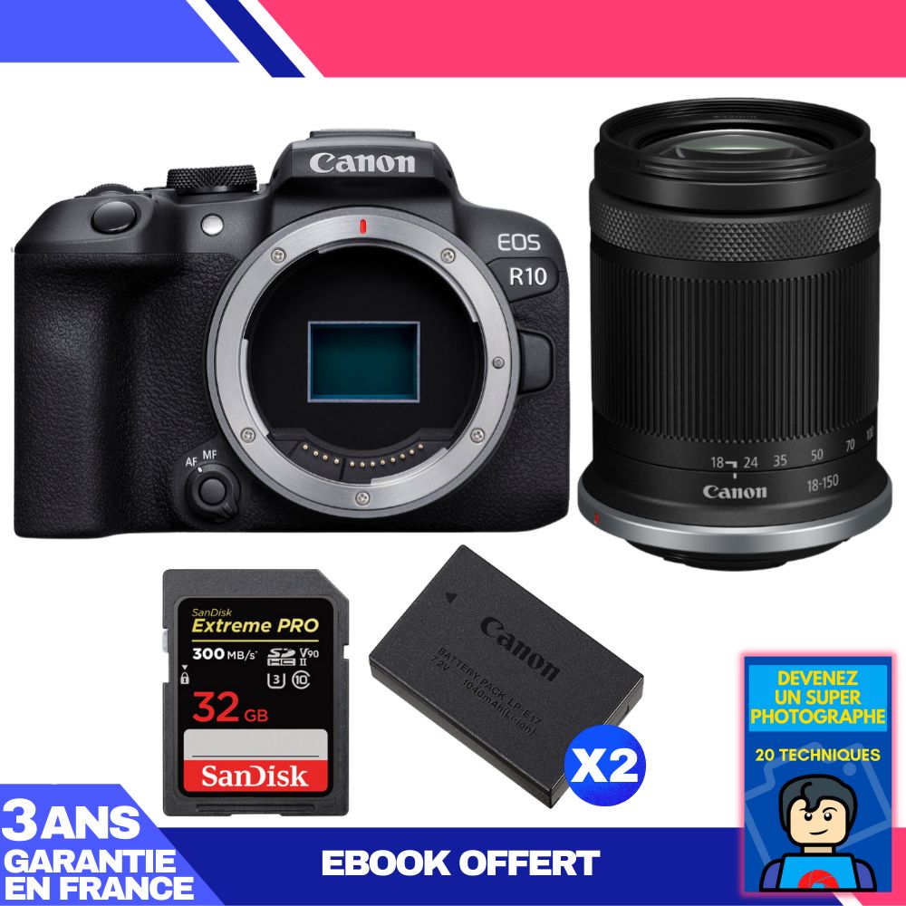 Kit de cámara Canon EOS R10 con objetivo RF-S 18-150mm F4.5-6.3 IS STM + 2 tarjetas de memoria SanDisk 32GB Extreme PRO UHS-II SDXC 300 MB/s + 2 baterías Canon LP-E17 + ebook 'Conviértete en un fotógrafo super'