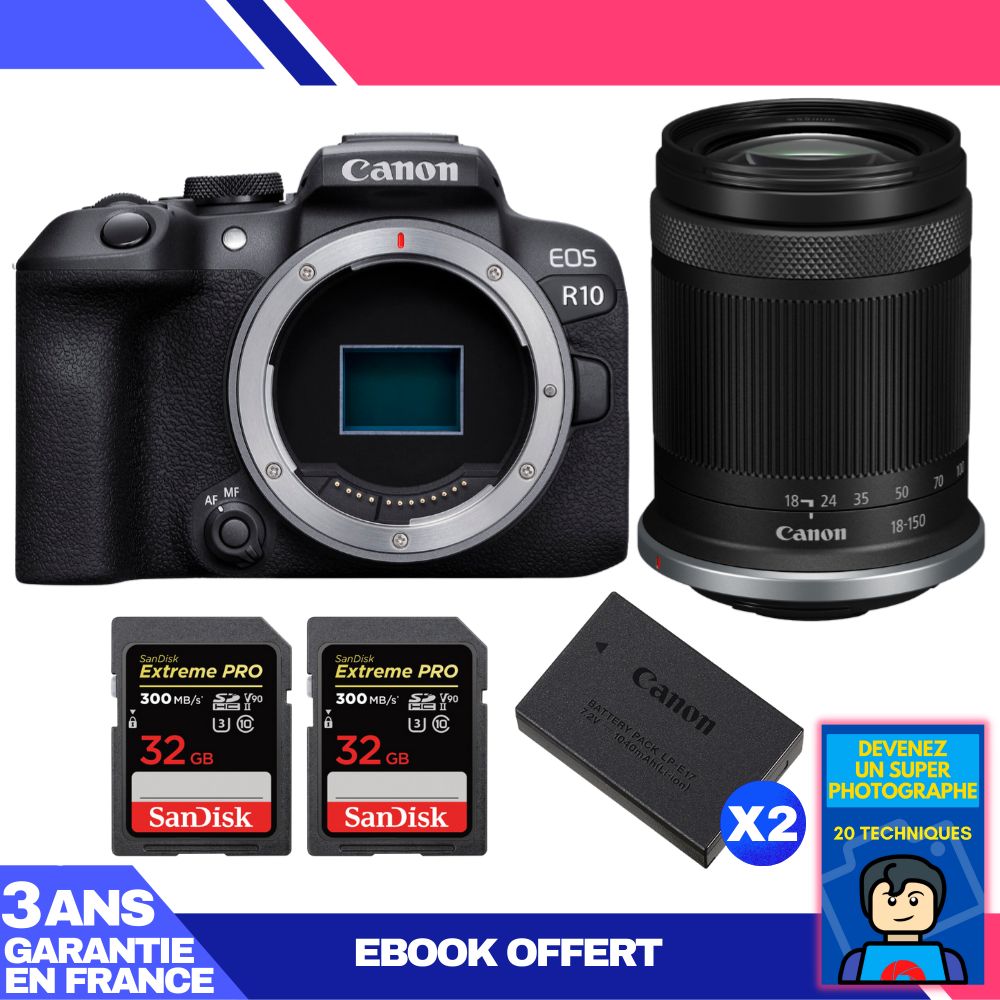 Kit de cámara Canon EOS R10 con objetivo RF-S 18-150mm F4.5-6.3 IS STM + 2 tarjetas SanDisk 32GB Extreme PRO UHS-II SDXC + 2 baterías Canon LP-E17 + ebook 'Conviértete en un fotógrafo super'