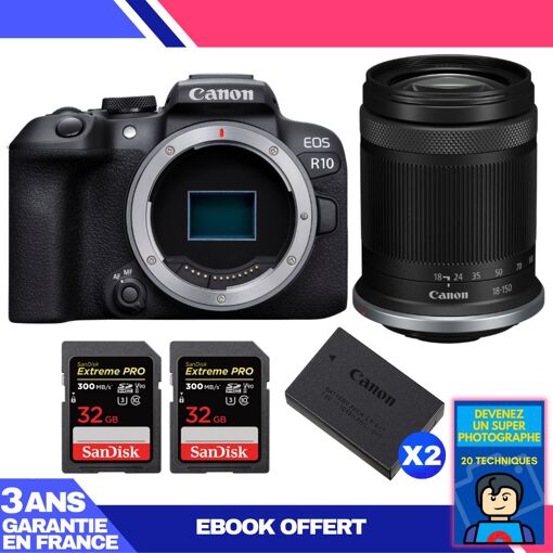 Kit de cámara Canon EOS R10 con objetivo RF-S 18-150mm F4.5-6.3 IS STM + 2 tarjetas SanDisk 32GB Extreme PRO UHS-II SDXC + 2 baterías Canon LP-E17 + ebook 'Conviértete en un fotógrafo super'