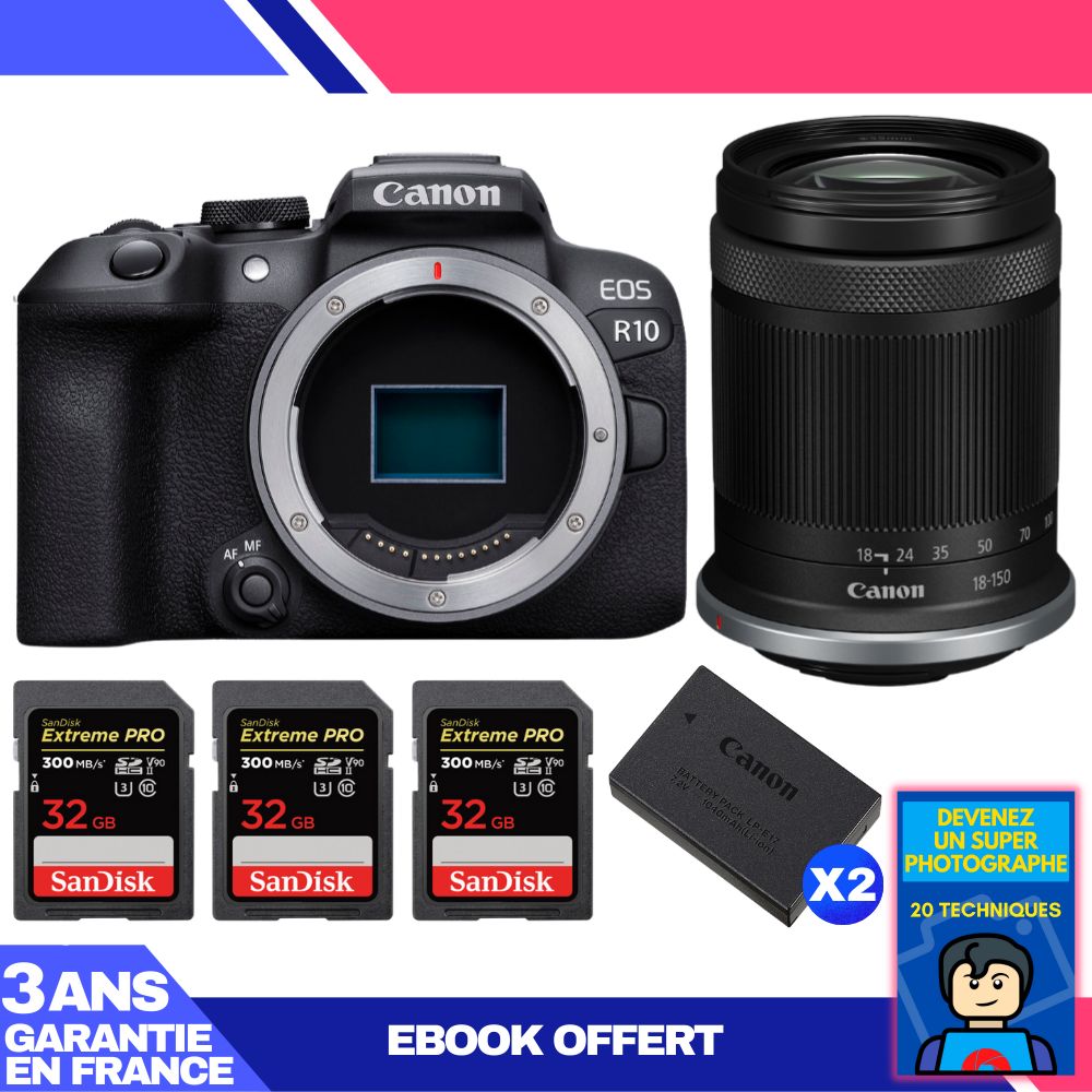 Kit de cámara Canon EOS R10 con lente RF-S 18-150mm F4.5-6.3 IS STM + 2 tarjetas SanDisk 32GB Extreme PRO UHS-II SDXC + 2 baterías Canon LP-E17 + ebook: Conviértete en un fotógrafo super