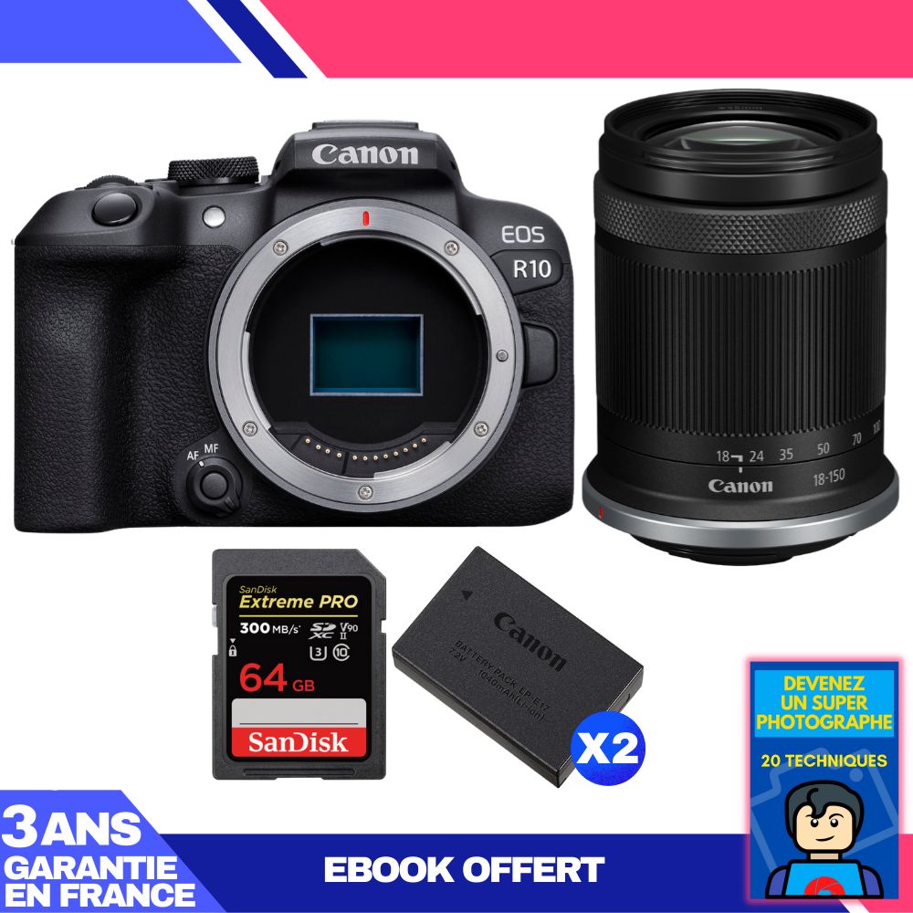 Canon EOS R10 + Lente RF-S 18-150mm F4.5-6.3 IS STM + 1 Tarjeta SanDisk 64GB Extreme PRO UHS-II SDXC + 2 Baterías Canon LP-E17 + Ebook 'Conviértete en un Fotógrafo Super'