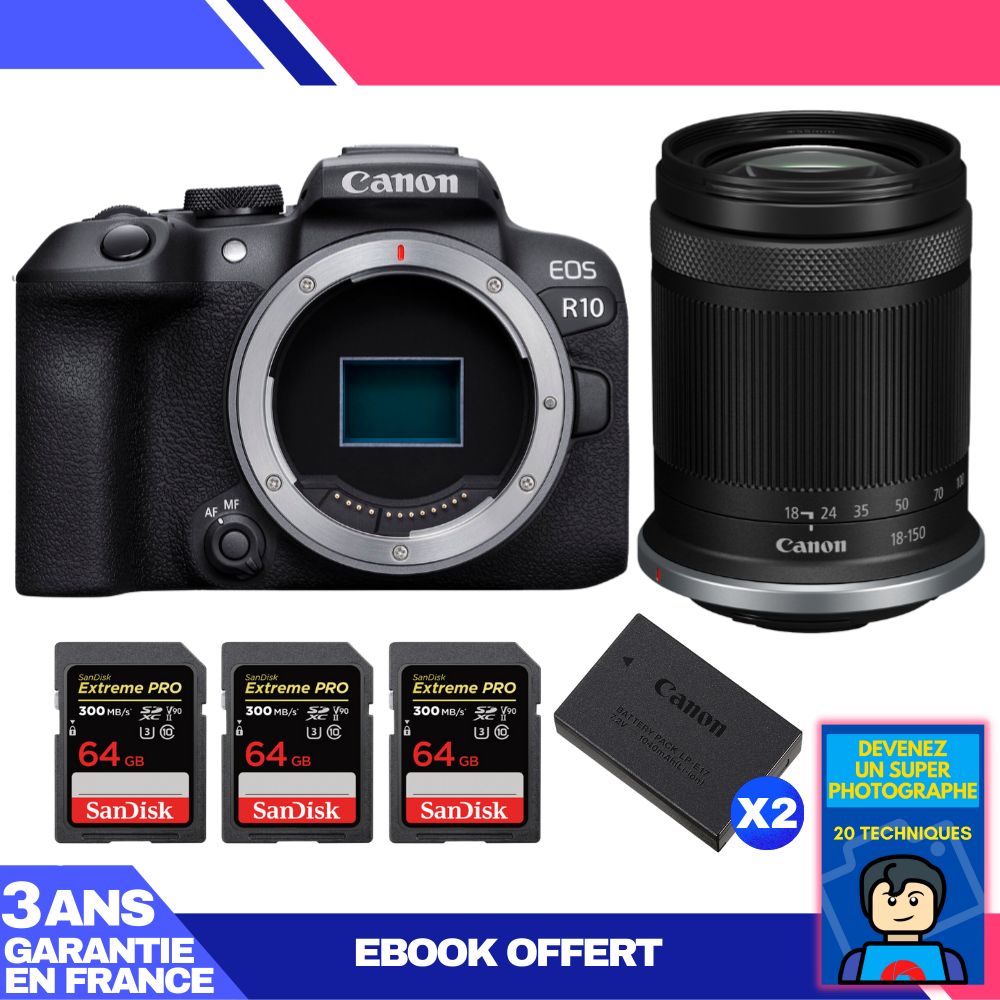 Cámara Canon EOS R10 + Lente RF-S 18-150mm F4.5-6.3 IS STM + 2 Tarjetas SanDisk 64GB Extreme PRO UHS-II SDXC + 2 Baterías Canon LP-E17 + Ebook 'Conviértete en un Superfotógrafo'