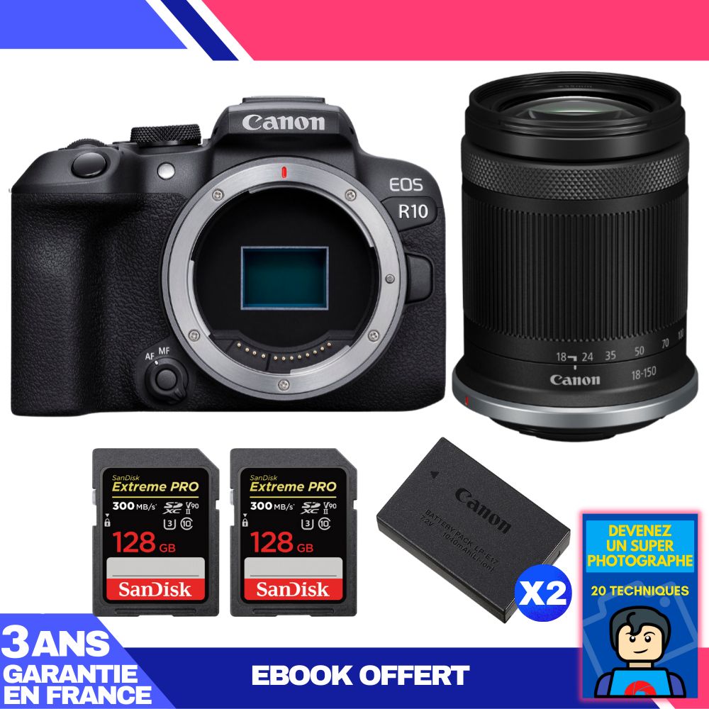 Cámara Canon EOS R10 + Lente RF-S 18-150mm F4.5-6.3 IS STM + 2 Tarjetas de memoria SanDisk 128GB Extreme PRO UHS-II SDXC 300 MB/s + 2 Baterías Canon LP-E17 + Ebook 'Conviértete en un fotógrafo superprofesional'