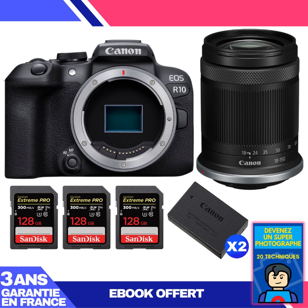 Kit de cámara Canon EOS R10 con lente RF-S 18-150mm F4.5-6.3 IS STM + 2 tarjetas SanDisk 128GB Extreme PRO UHS-II SDXC + 2 baterías Canon LP-E17 + ebook: Conviértete en un fotógrafo súper