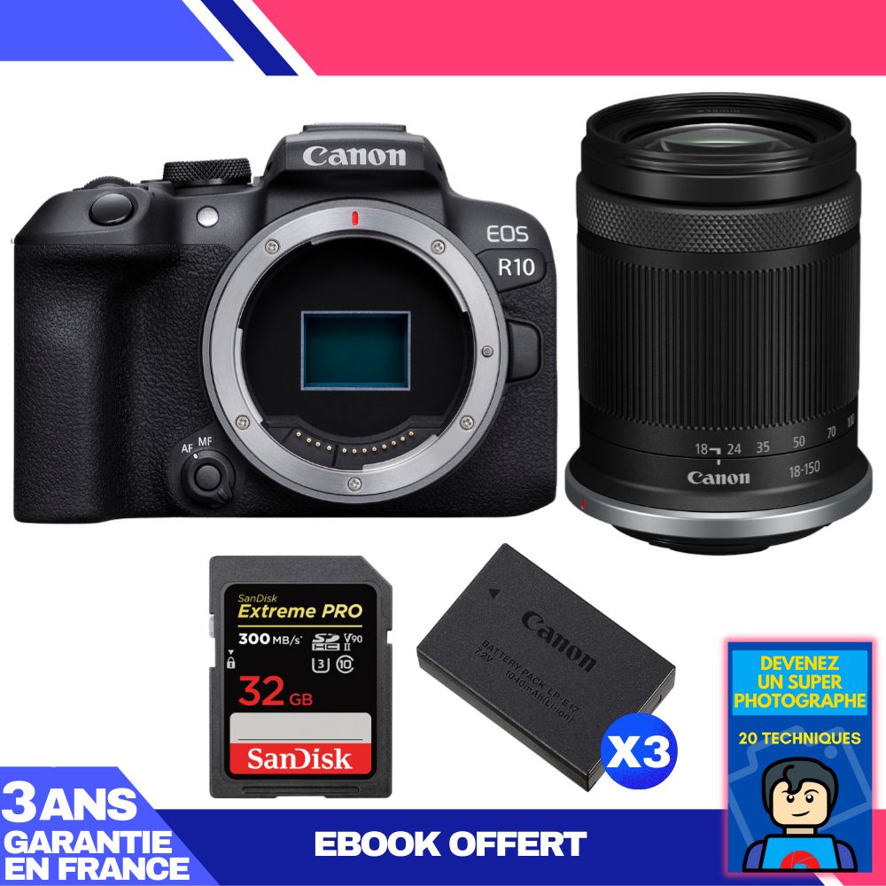 Cámara Canon EOS R10 + Lente RF-S 18-150mm F4.5-6.3 IS STM + Tarjeta SanDisk 32GB Extreme PRO UHS-II SDXC 300 MB/s + 3 Baterías Canon LP-E17 + Ebook 'Conviértete en un Fotógrafo Super'