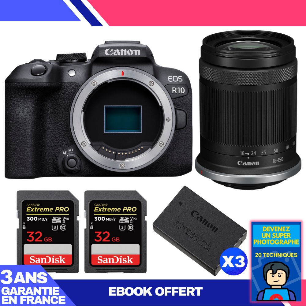Cámara Canon EOS R10 + Objetivo RF-S 18-150mm F4.5-6.3 IS STM + 2 Tarjetas de memoria SanDisk 32GB Extreme PRO UHS-II SDXC + 3 Baterías LP-E17 Canon + Ebook 'Conviértete en un Fotógrafo Super'