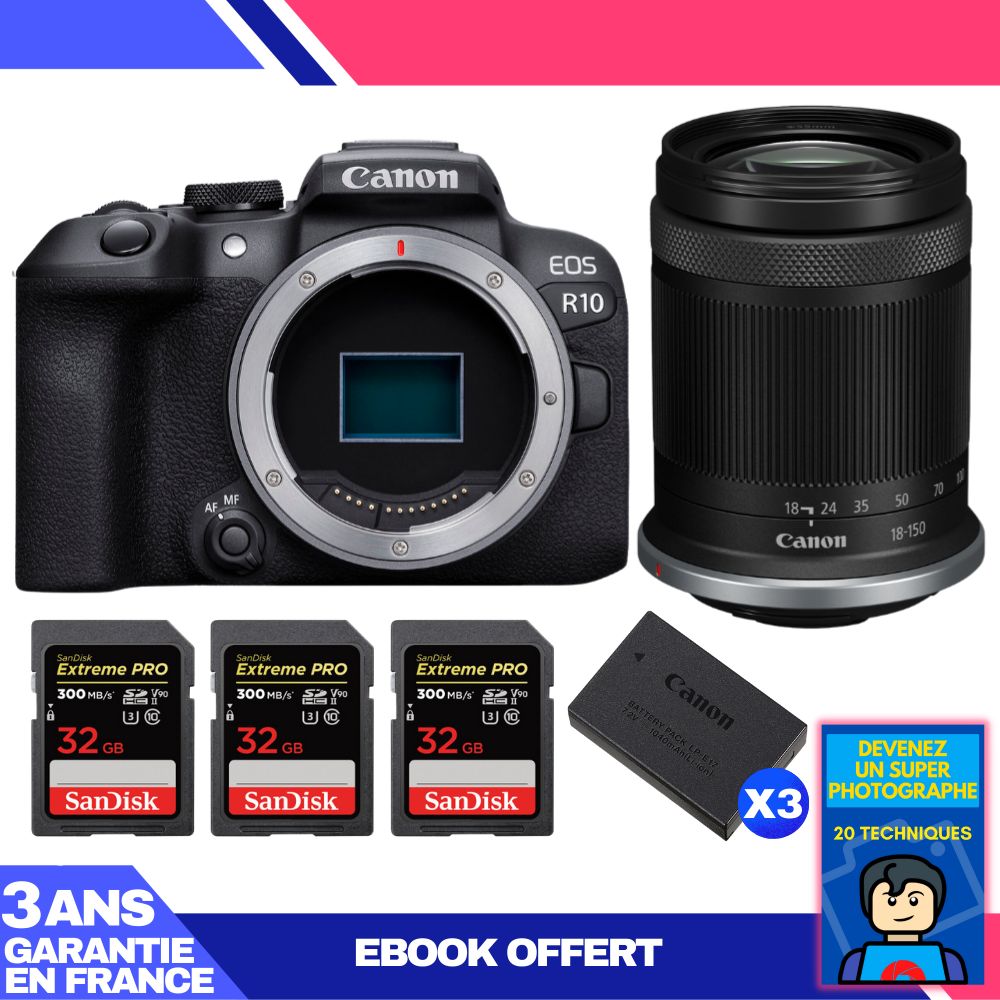 Cámara mirrorless Canon EOS R10 + Lente RF-S 18-150mm F4.5-6.3 IS STM + 3 Tarjetas SDXC SanDisk de 32GB Extreme PRO UHS-II + 3 Baterías LP-E17 Canon + Ebook: Conviértete en un super fotógrafo
