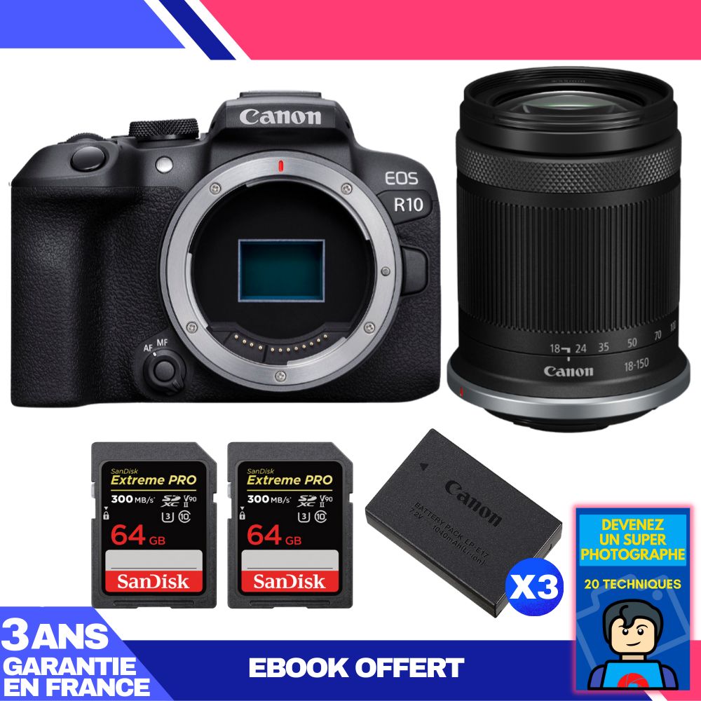 Appareil photo Canon EOS R10 + Objectif RF-S 18-150mm F4.5-6.3 IS STM + 2 Cartes SDXC SanDisk 64 Go Extreme PRO UHS-II + 3 Batteries LP-E17 Canon + Ebook 'Devenez un Super Photographe'