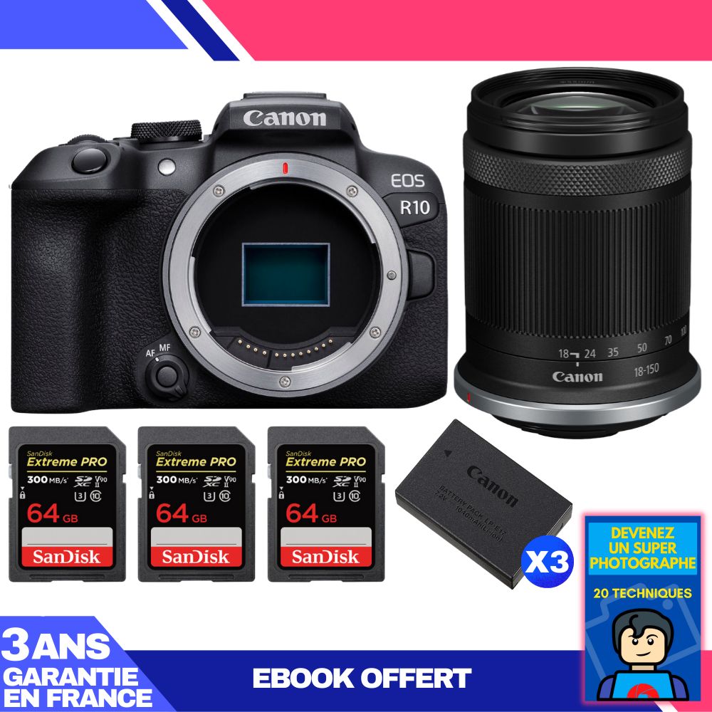 Kit de cámara sin espejo Canon EOS R10 con lente RF-S 18-150mm F4.5-6.3 IS STM + 3 tarjetas SDXC SanDisk Extreme PRO de 64 GB UHS-II 300 MB/s + 3 baterías Canon LP-E17 + Libro electrónico: Conviértete en un super fotógrafo