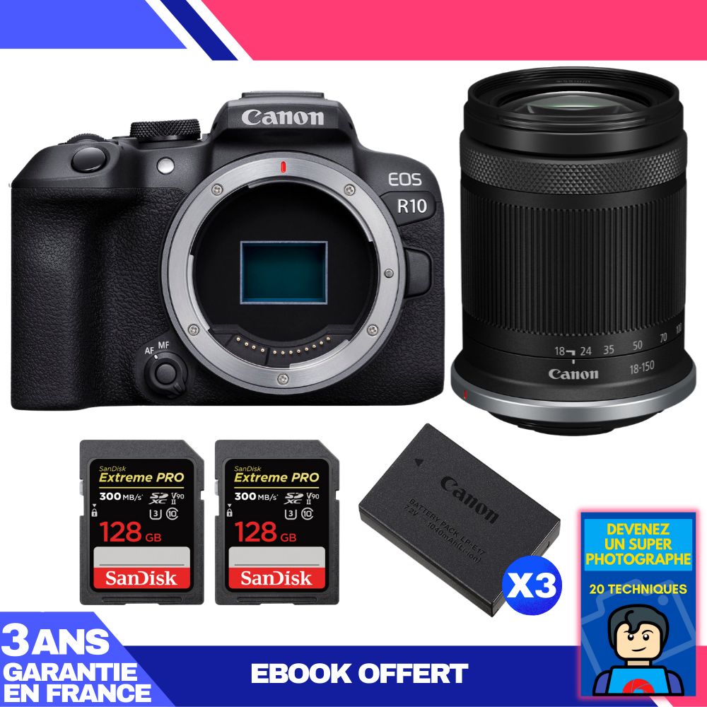 Cámaras Canon EOS R10 + Lente RF-S 18-150mm F4.5-6.3 IS STM + 2 Tarjetas de memoria SanDisk 128GB Extreme PRO UHS-II SDXC + 3 Baterías Canon LP-E17 + Ebook 'Conviértete en un Fotógrafo Super'
