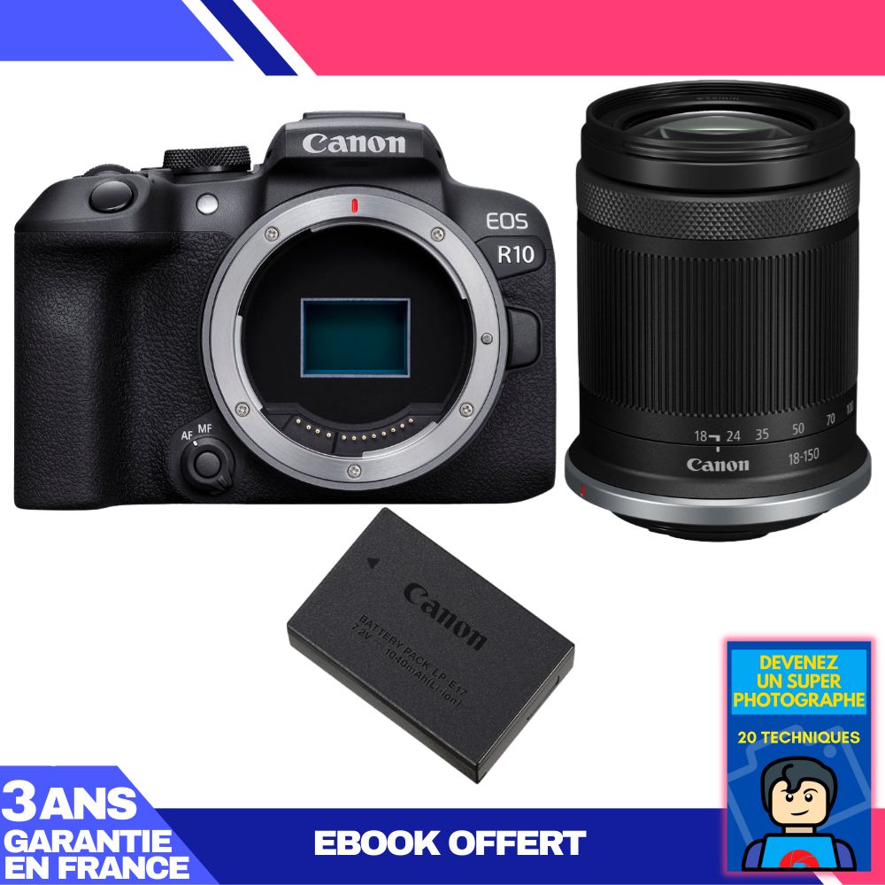 Canon EOS R10 Mirrorless Camera + RF-S 18-150mm F4.5-6.3 IS STM Lens + LP-E17 Battery + 'Become a Super Photographer' Ebook