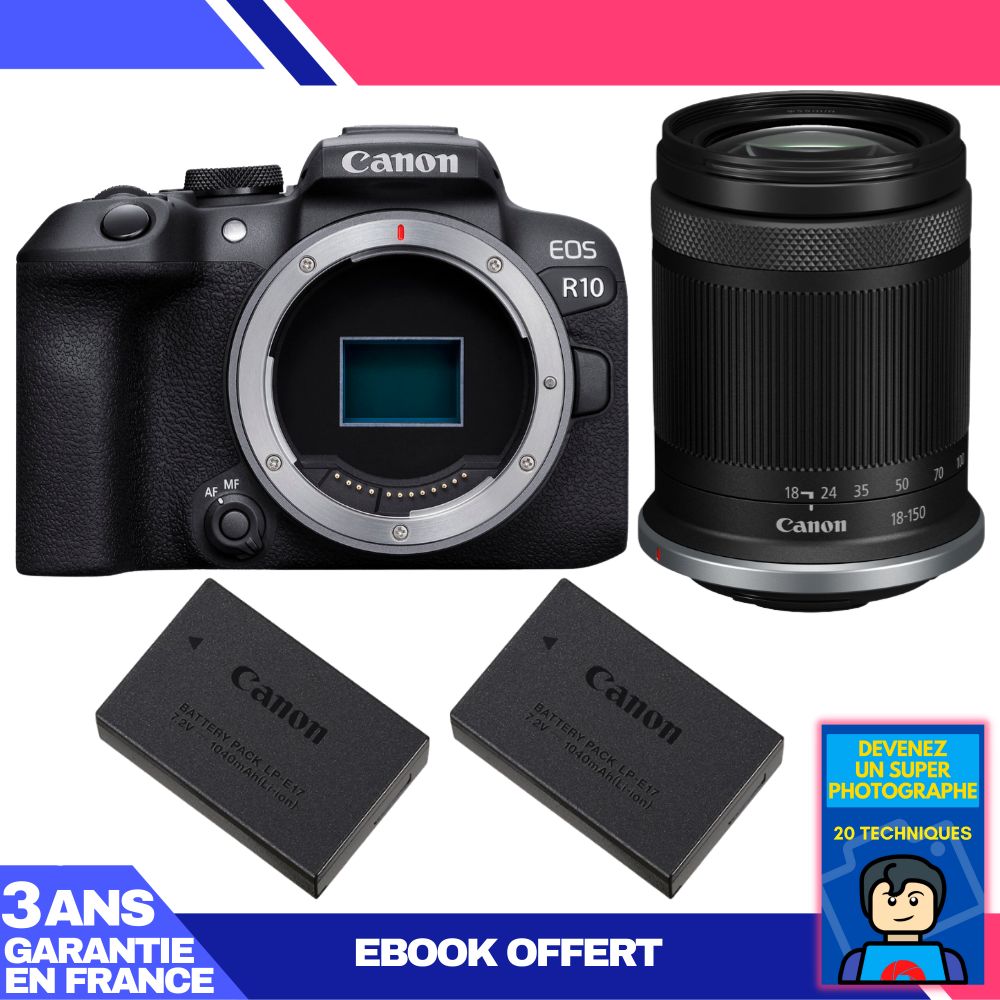 Canon EOS R10 + RF-S 18-150mm F4.5-6.3 IS STM Kit + 2 Canon LP-E17 Batteries + 'Devenez Un Super Photographe' Ebook