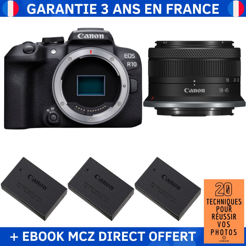 Canon EOS R10 + RF-S 18-150mm F4.5-6.3 IS STM Lens Kit with 3 Canon LP-E17 Batteries and Ebook