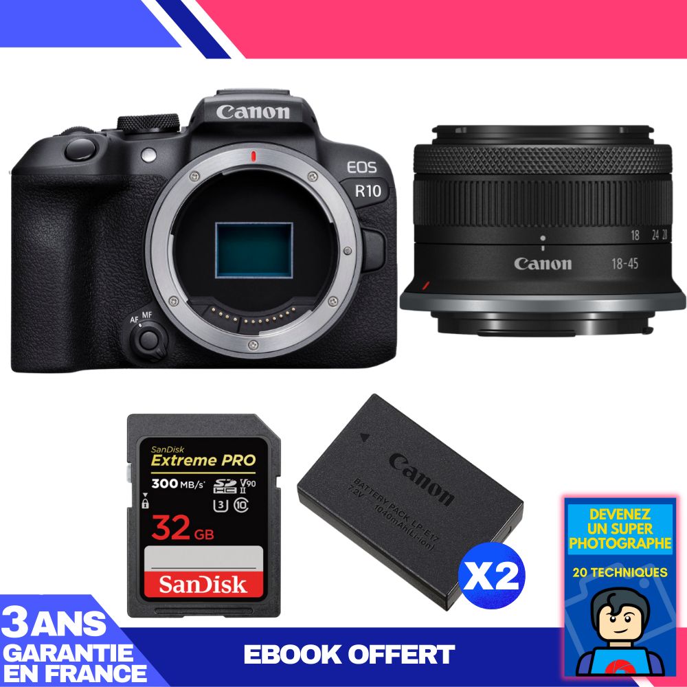 Kit appareil photo Canon EOS R10 avec objectif RF-S 18-45mm et carte SanDisk 32Go