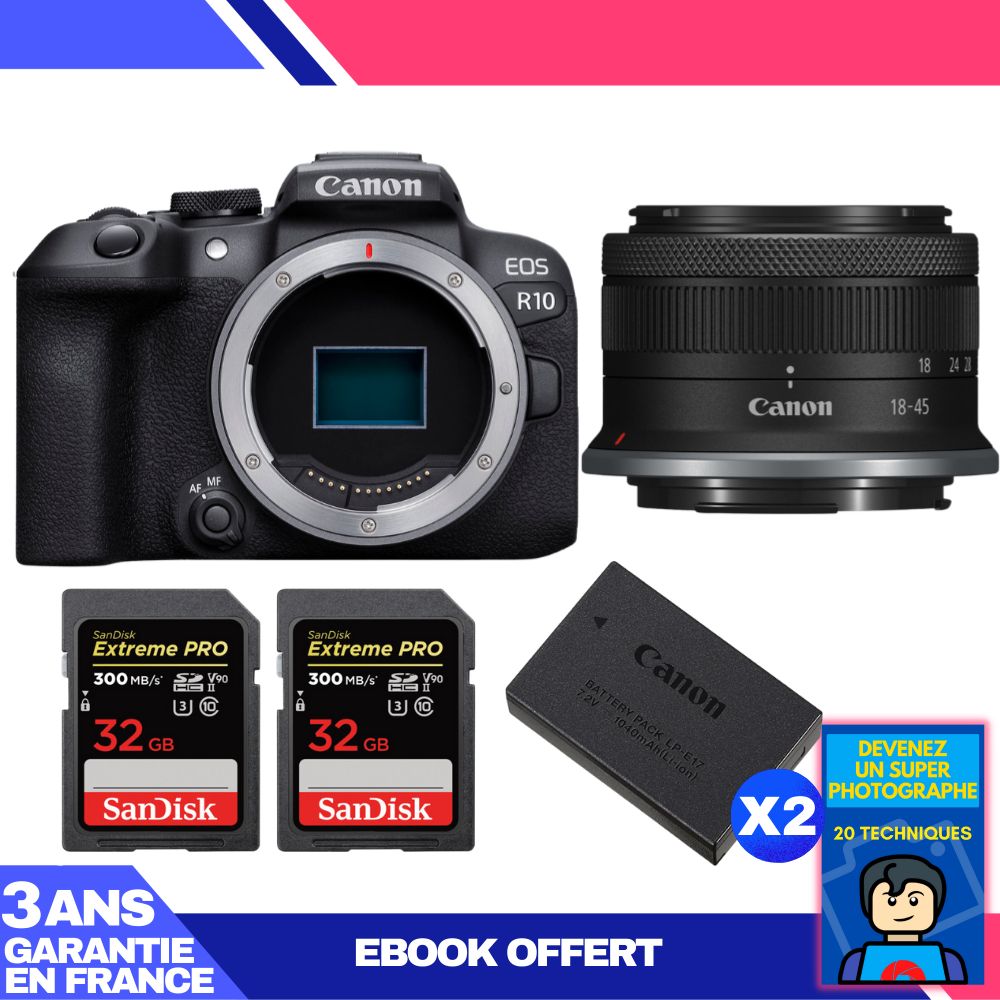 Appareil photo Canon EOS R10 + Objectif RF-S 18-45mm f/4,5-6,3 IS STM + 2 Cartes SD SanDisk 32 Go Extreme PRO UHS-II