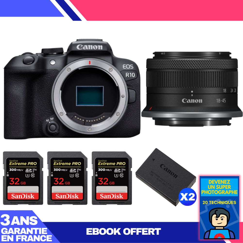 Kit Canon EOS R10 avec objectif RF-S 18-45 mm f/4,5-6,3 IS STM + 3 cartes SD SanDisk Extreme PRO 32 Go + 2 batteries Canon LP-E17 + ebook 'Devenez un Super Photographe'