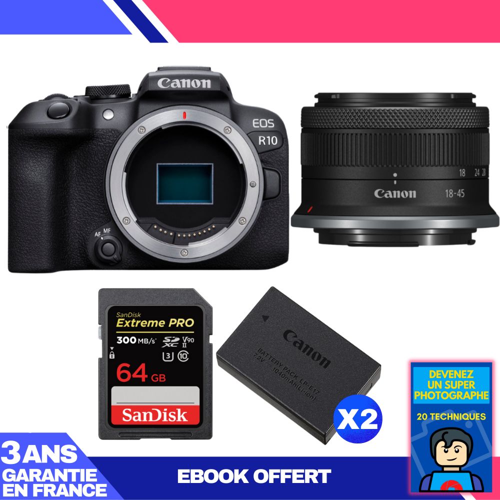 Kit Canon EOS R10 avec objectif RF-S 18-45mm et carte SanDisk 64Go