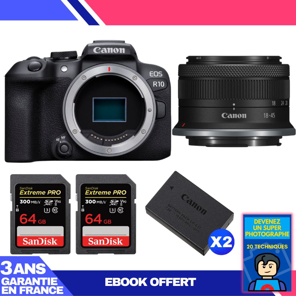 Kit Canon EOS R10 avec objectif RF-S 18-45mm, 2 cartes SD 64Go Sandisk Extreme PRO, 2 batteries LP-E17 + ebook 'Devenez un Super Photographe'