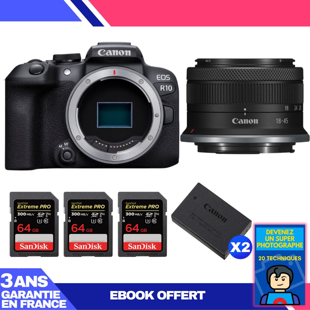 Kit Canon EOS R10 avec objectif RF-S 18-45mm et cartes mémoire SanDisk