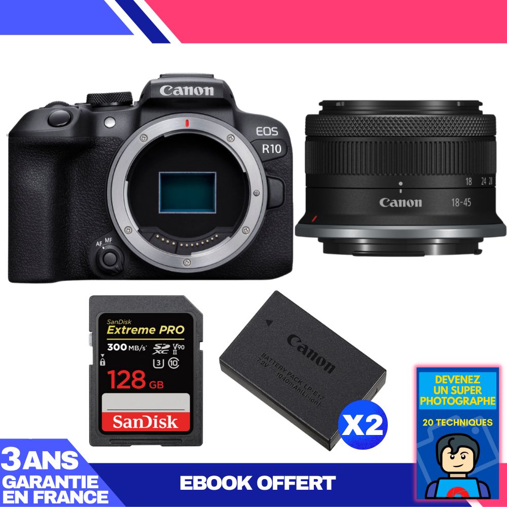 Kit Canon EOS R10 avec objectif RF-S 18-45mm et carte SanDisk 128 Go