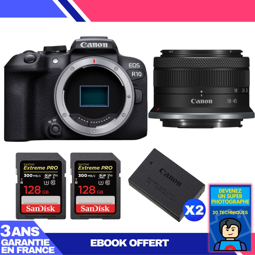 Kit Canon EOS R10 avec objectif RF-S 18-45mm et cartes mémoire Sandisk