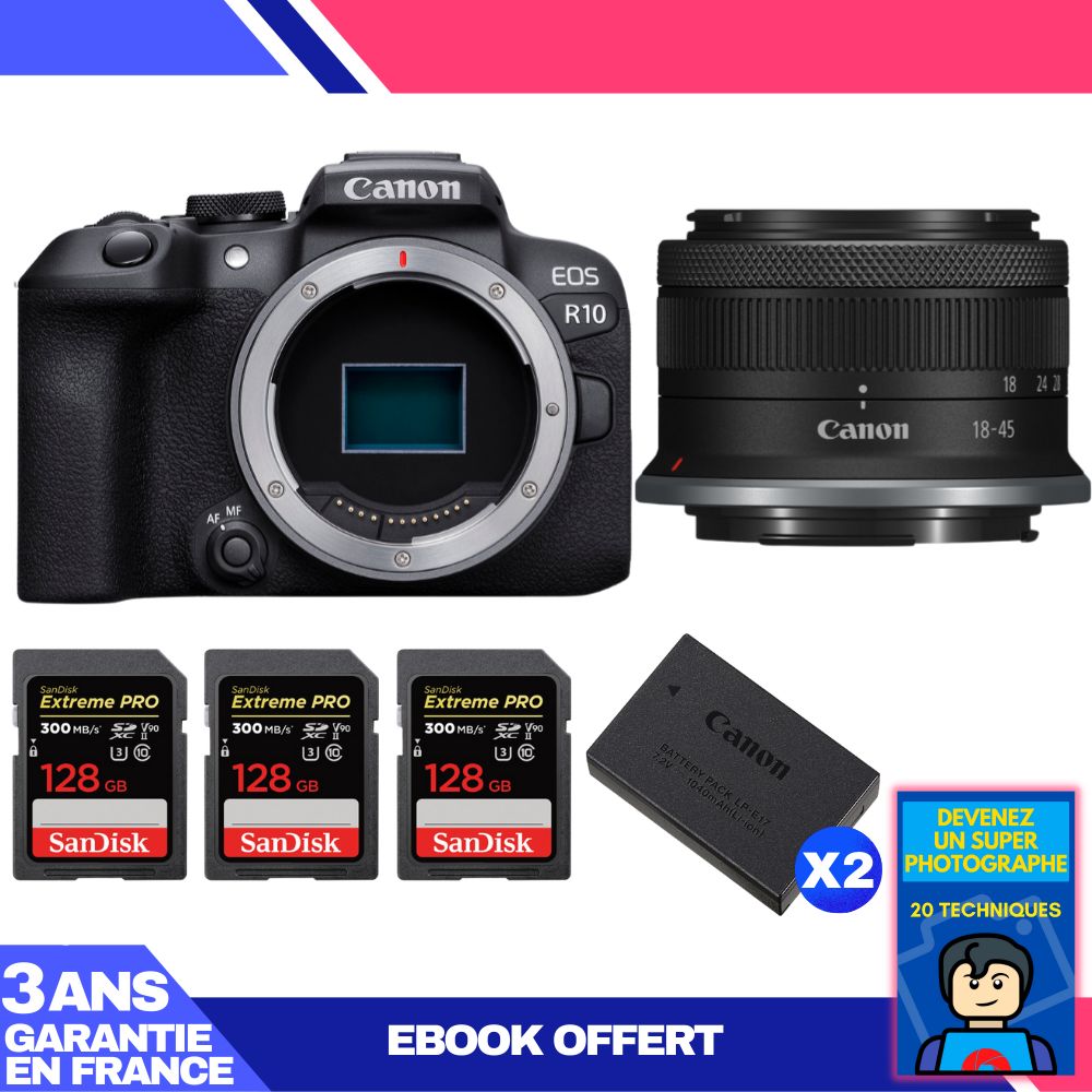 Kit Canon EOS R10 avec objectif RF-S 18-45mm et cartes mémoire SanDisk